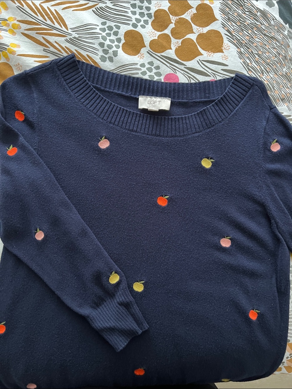 LOFT Navy Crewneck Sweater with cute multi-color apples 🍎🍏🔵